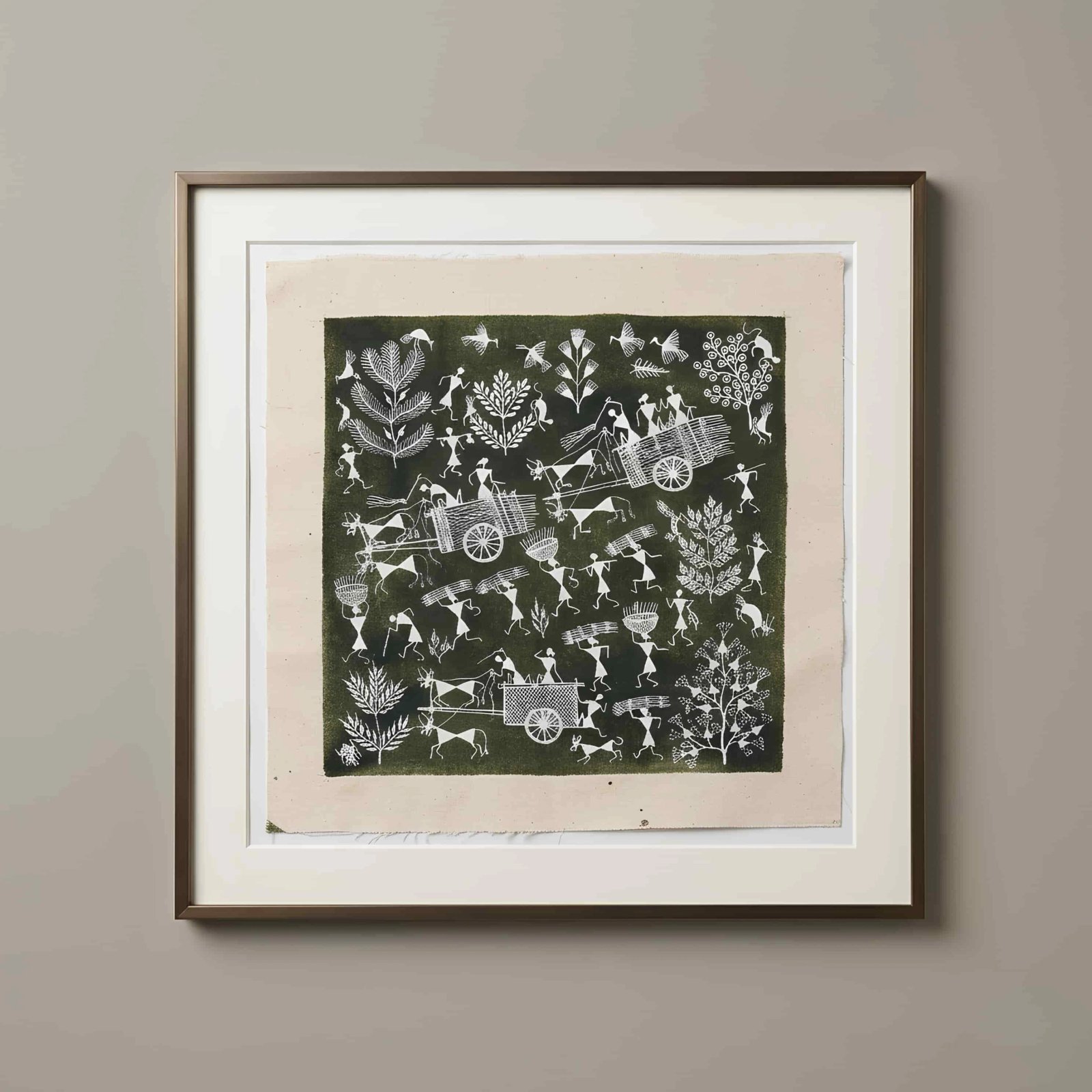 Handmade Warli Painting - Rural Village Harvest Scene