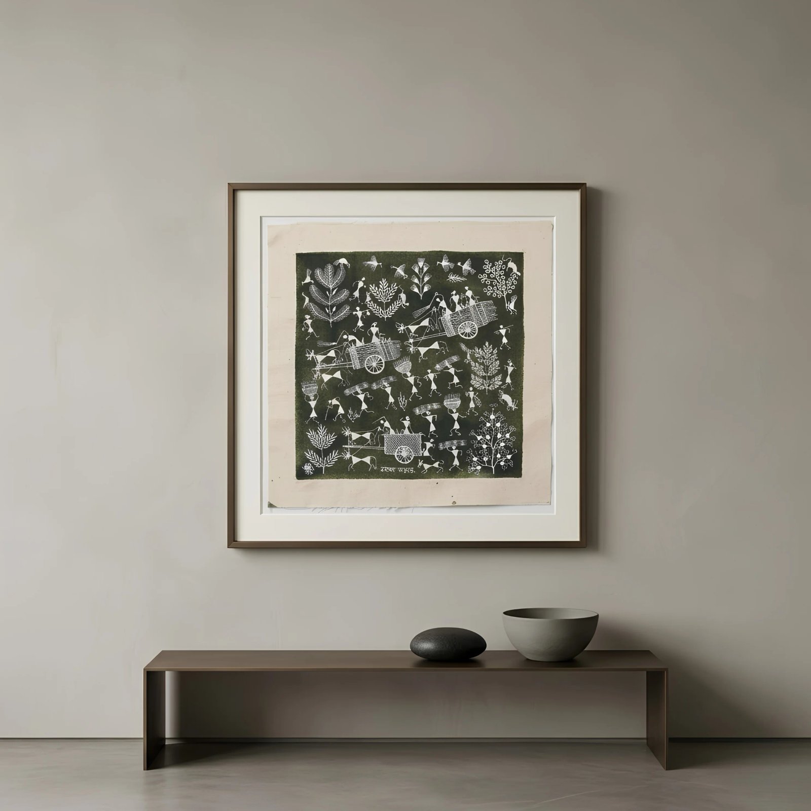 Handmade Warli Painting - Rural Village Harvest Scene alternate view