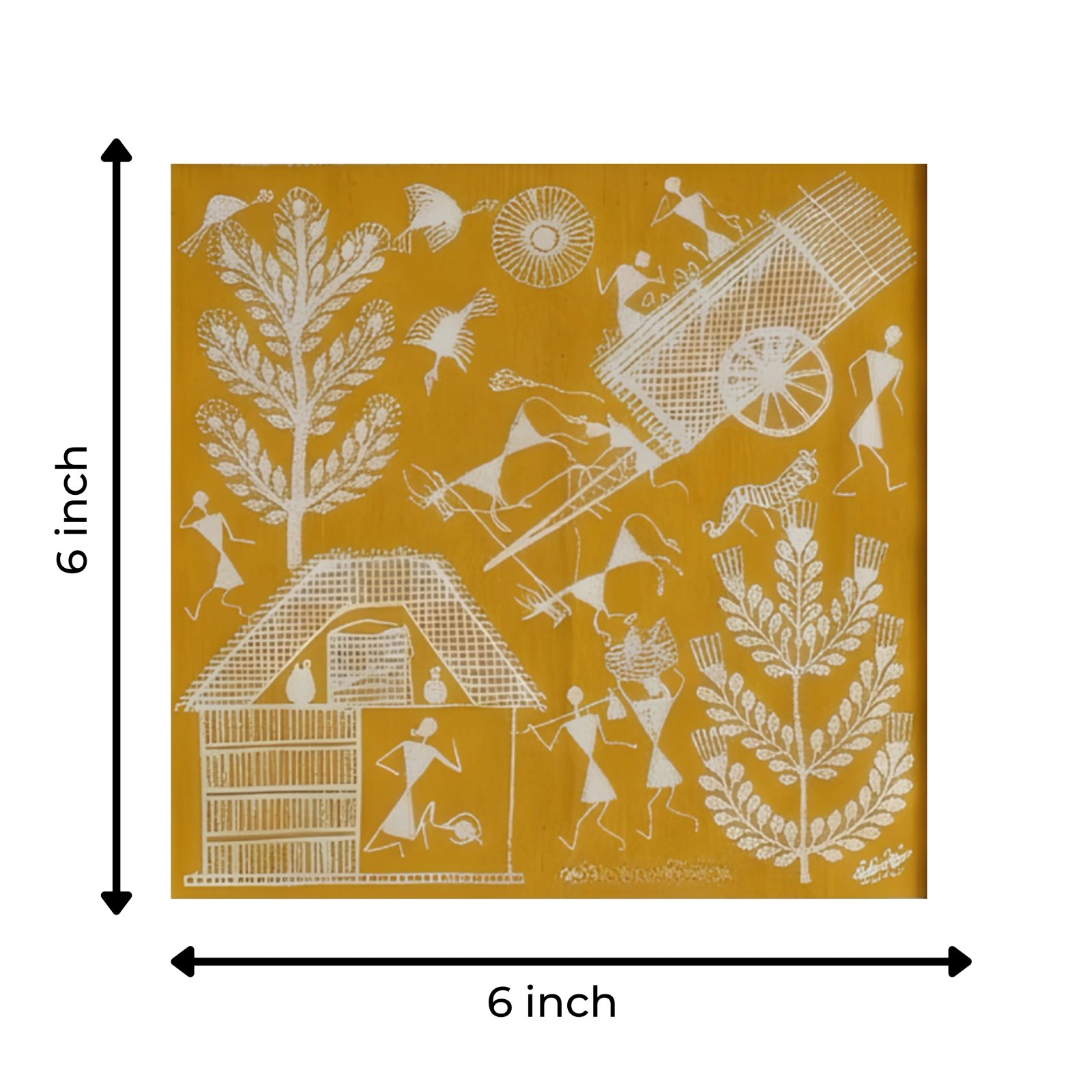 Authentic Warli Painting on Canvas Fabric – Traditional Bullock Cart & Palm Tree Scene Thumbnail 3