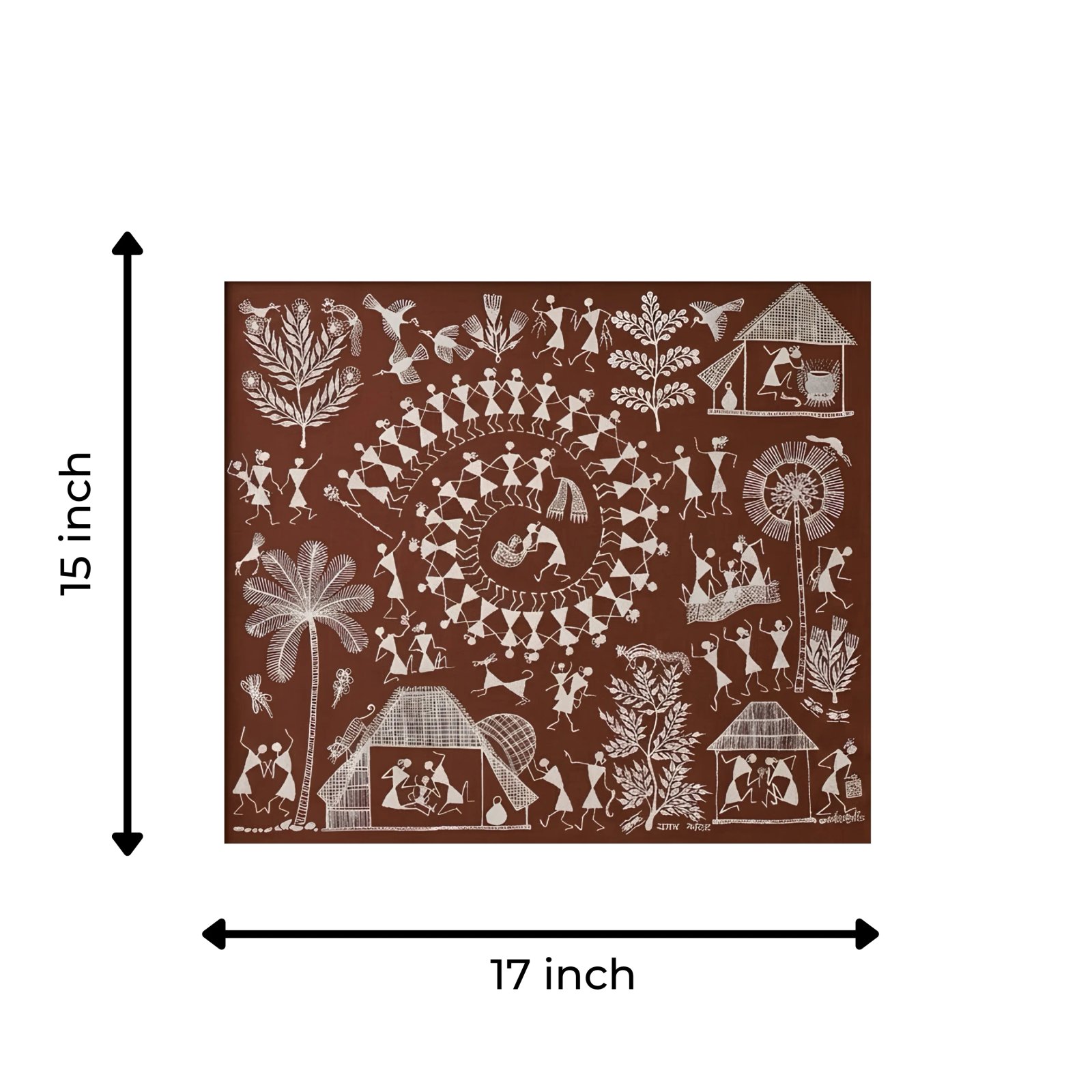 Handpainted Brick Red Warli Painting – Traditional Tarpa Dance, Village Settlement & Rural Life Chronicles Thumbnail 3