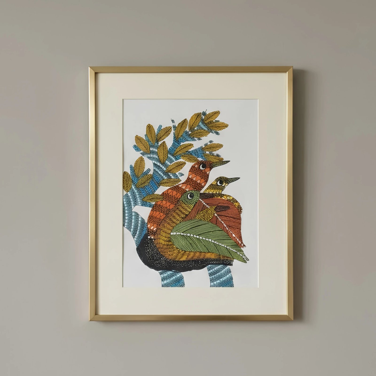 Original Gond Tribal Painting – The Nesting Birds on Sacred Tree