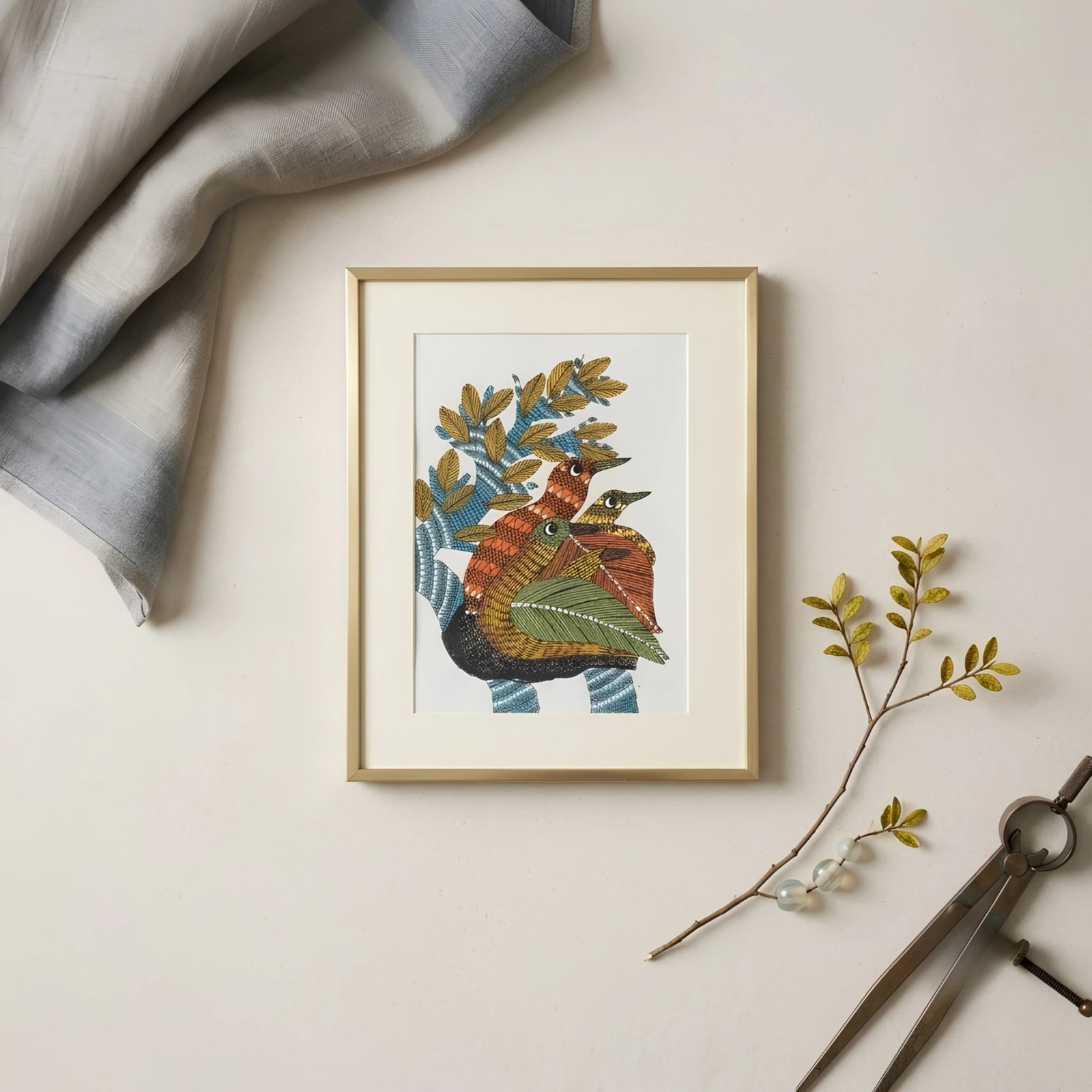 Original Gond Tribal Painting – The Nesting Birds on Sacred Tree Thumbnail 2