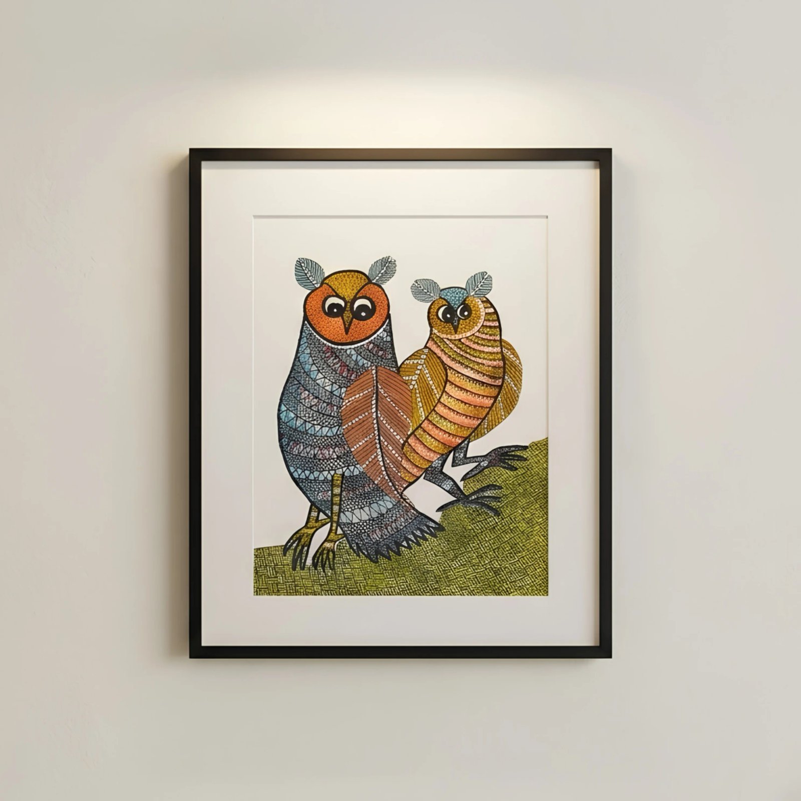Handpainted Gond Art Owls Painting – Traditional Indian Tribal Folk Thumbnail 1