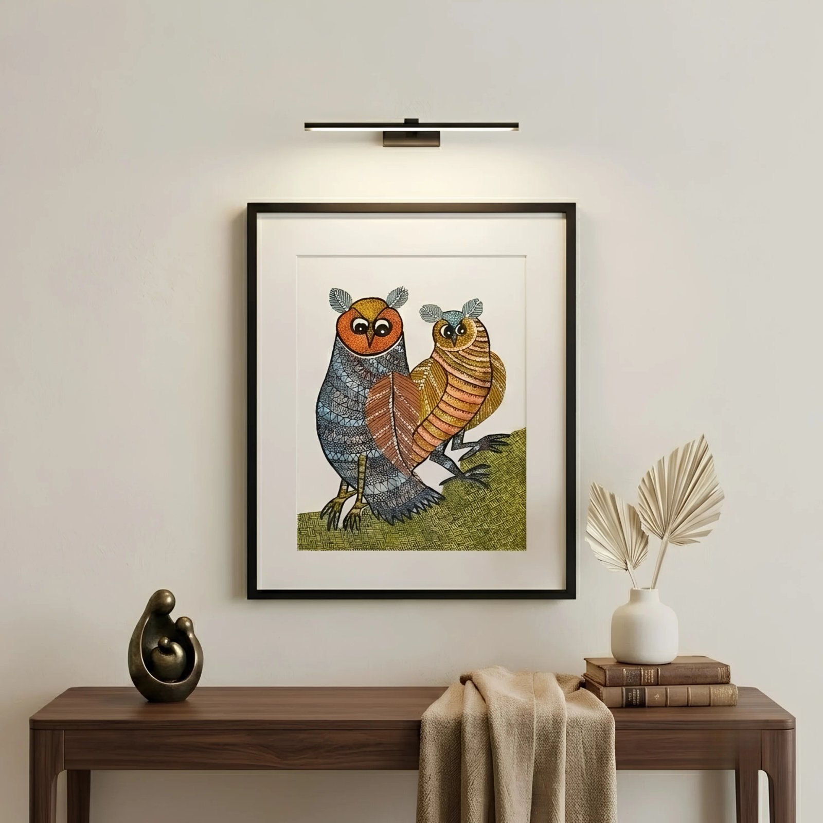 Handpainted Gond Art Owls Painting – Traditional Indian Tribal Folk alternate view
