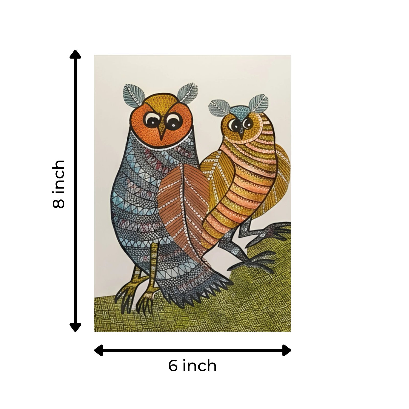 Handpainted Gond Art Owls Painting – Traditional Indian Tribal Folk Thumbnail 3