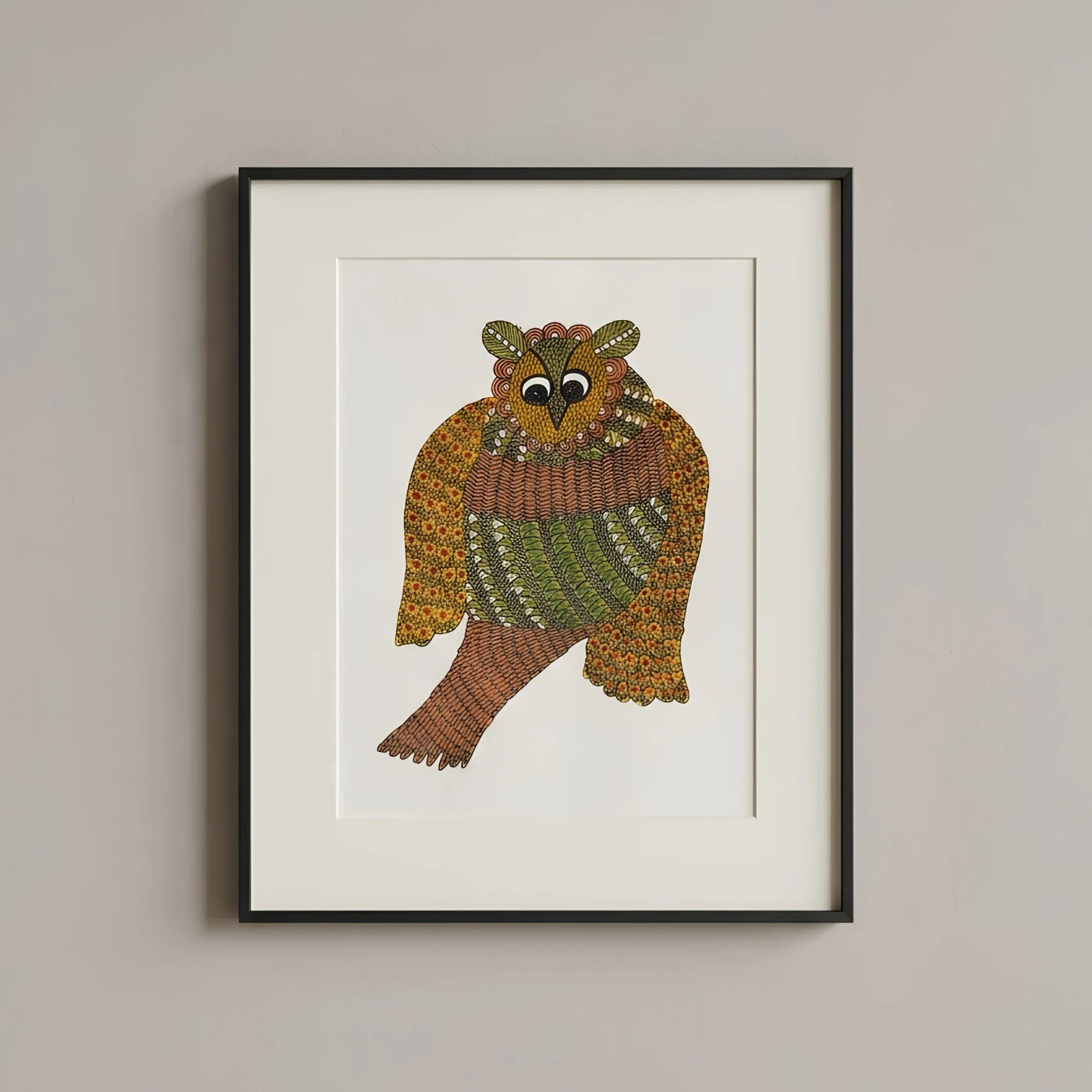 Handpainted Gond Art Mystic Owl Painting – Authentic Indian Tribal Folk Thumbnail 1