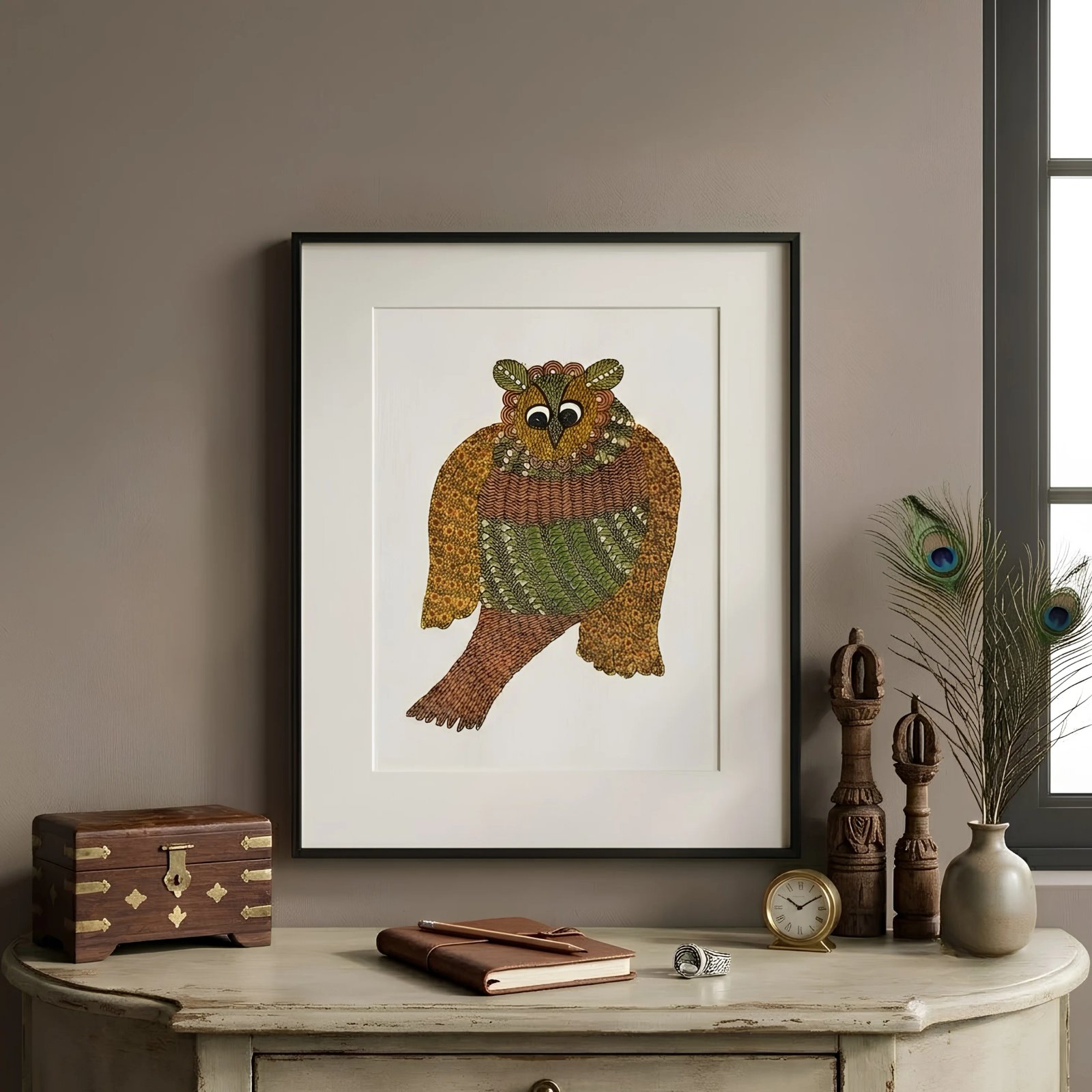 Handpainted Gond Art Mystic Owl Painting – Authentic Indian Tribal Folk Thumbnail 2