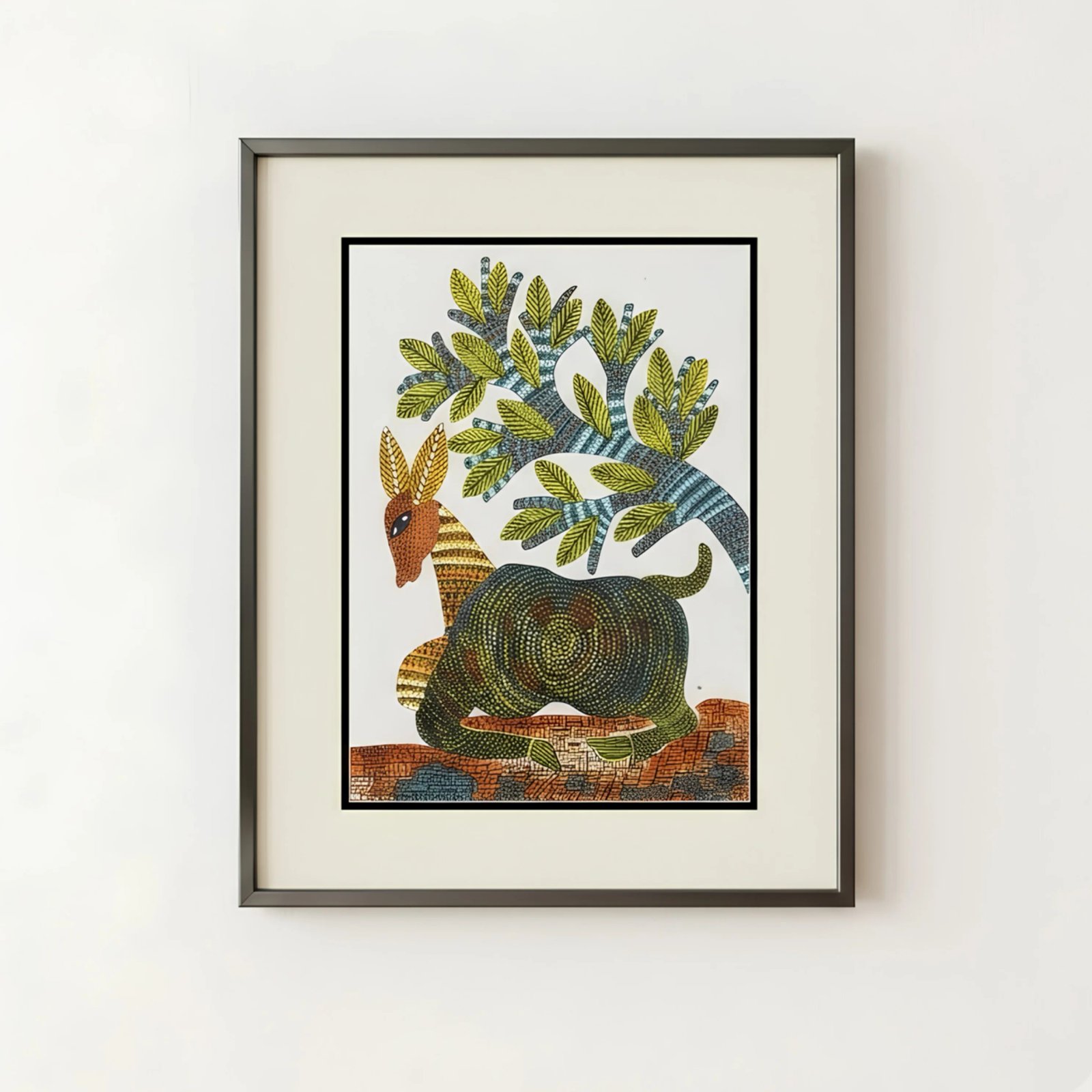 Handpainted Gond Art Resting Deer under Tree Painting Thumbnail 1