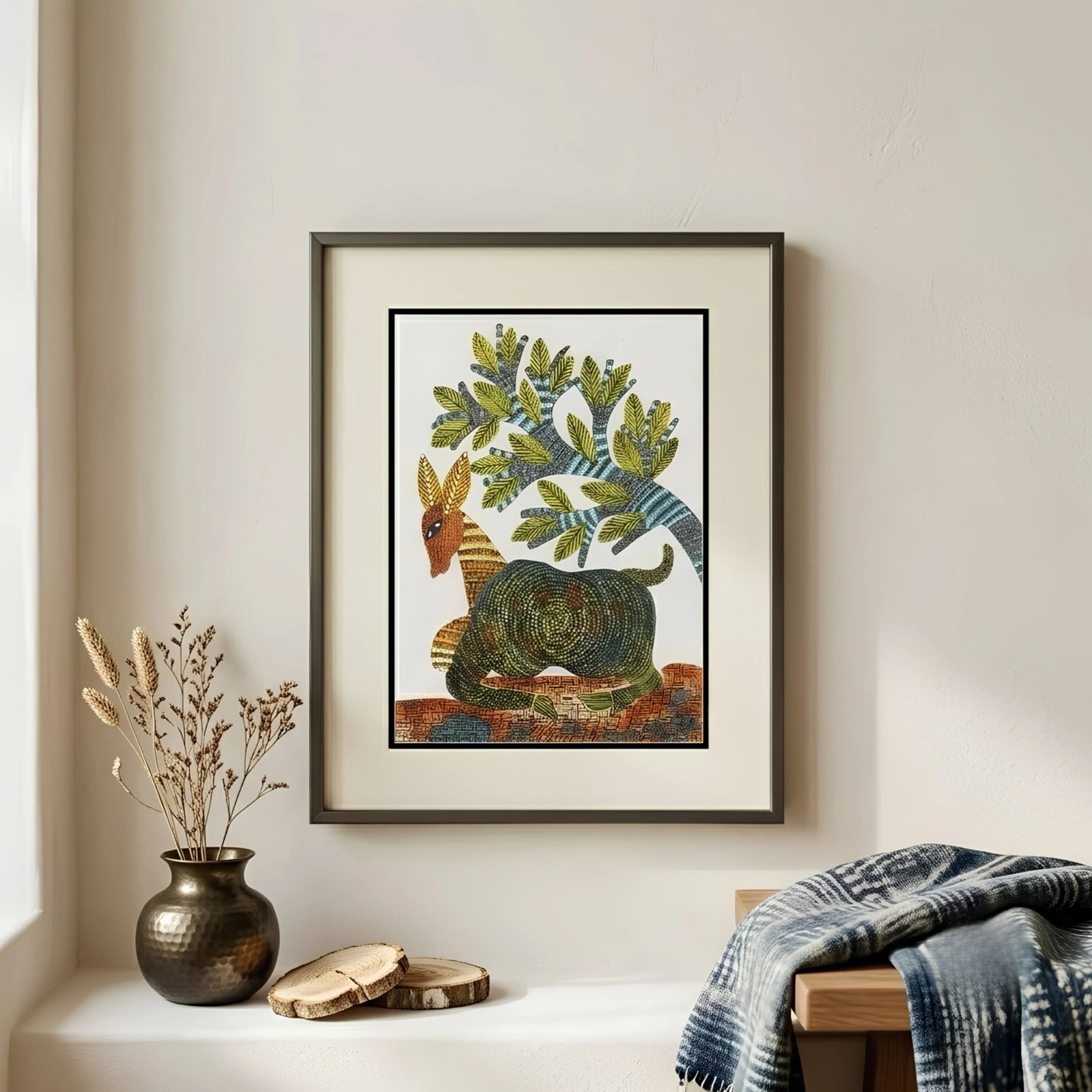 Handpainted Gond Art Resting Deer under Tree Painting alternate view
