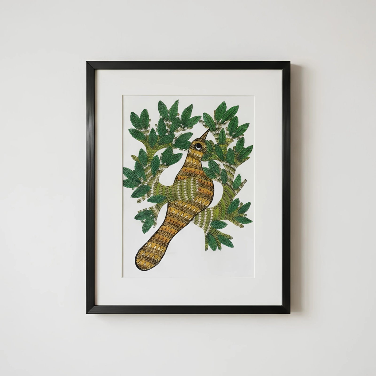 Handpainted Gond Art Bird in Tree Painting