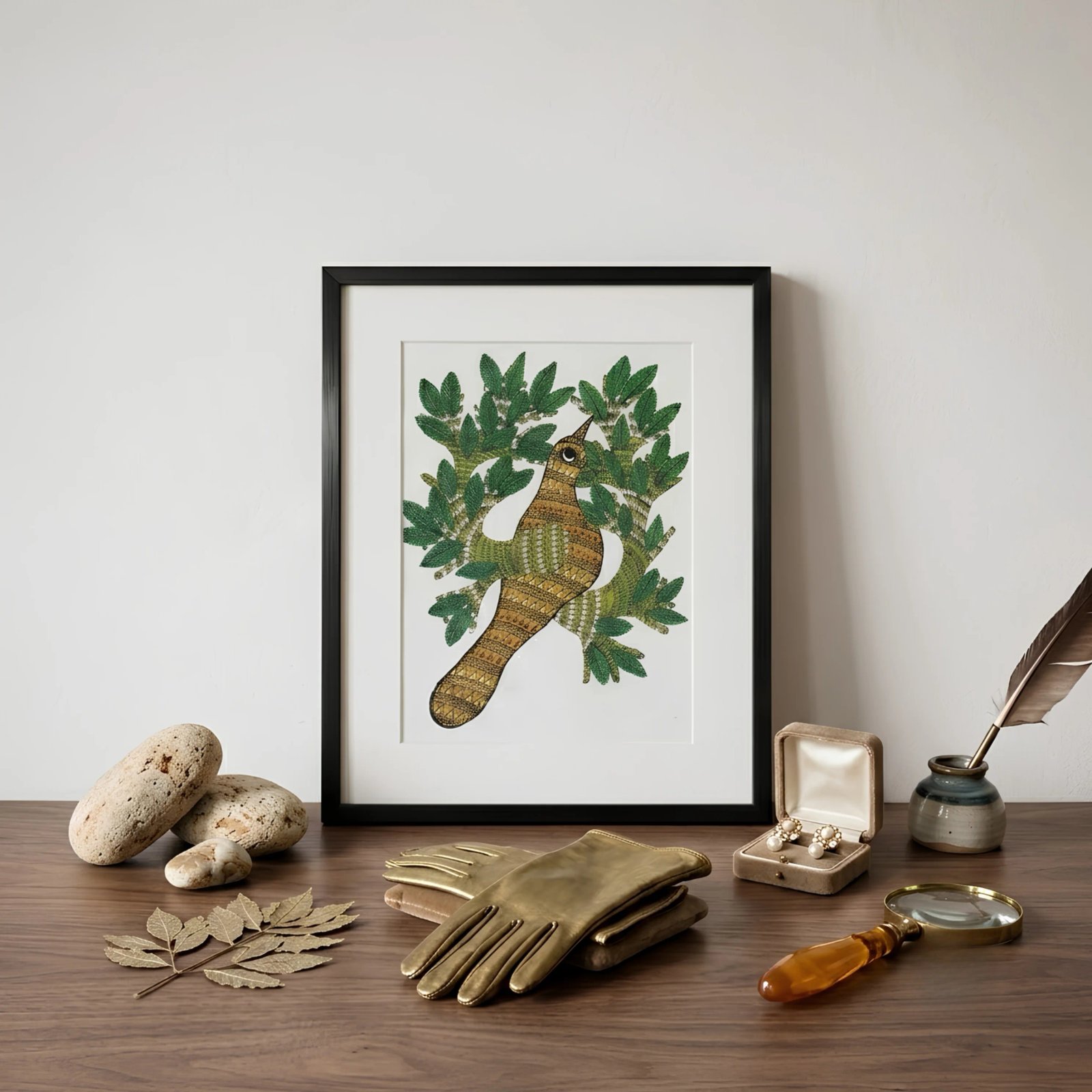 Handpainted Gond Art Bird in Tree Painting Thumbnail 2