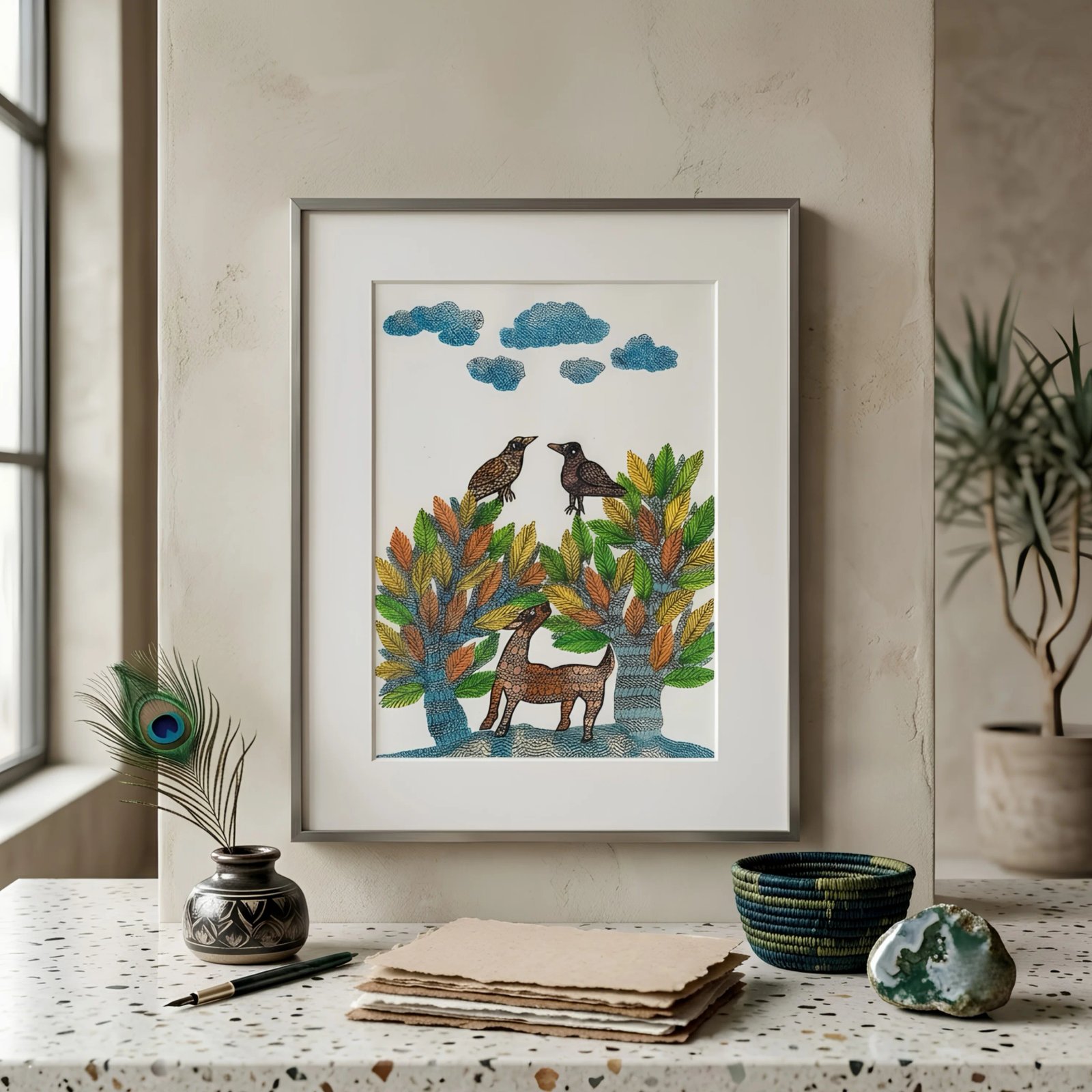 Handpainted Gond Art Forest Landscape Painting Thumbnail 2