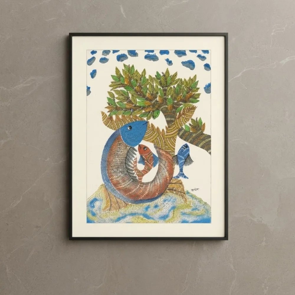 Handpainted Gond Art Painting – The Sacred River Fish & Tree of Life Thumbnail 1