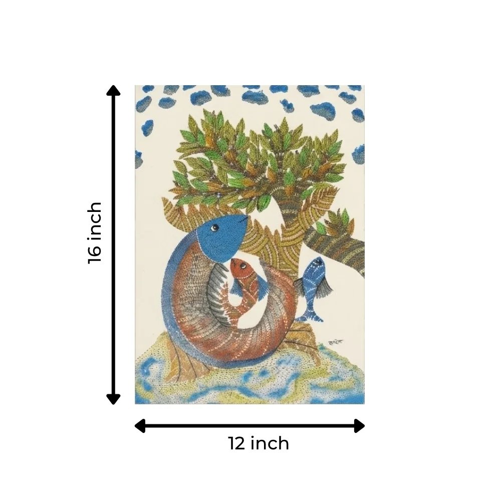 Handpainted Gond Art Painting – The Sacred River Fish & Tree of Life Thumbnail 3