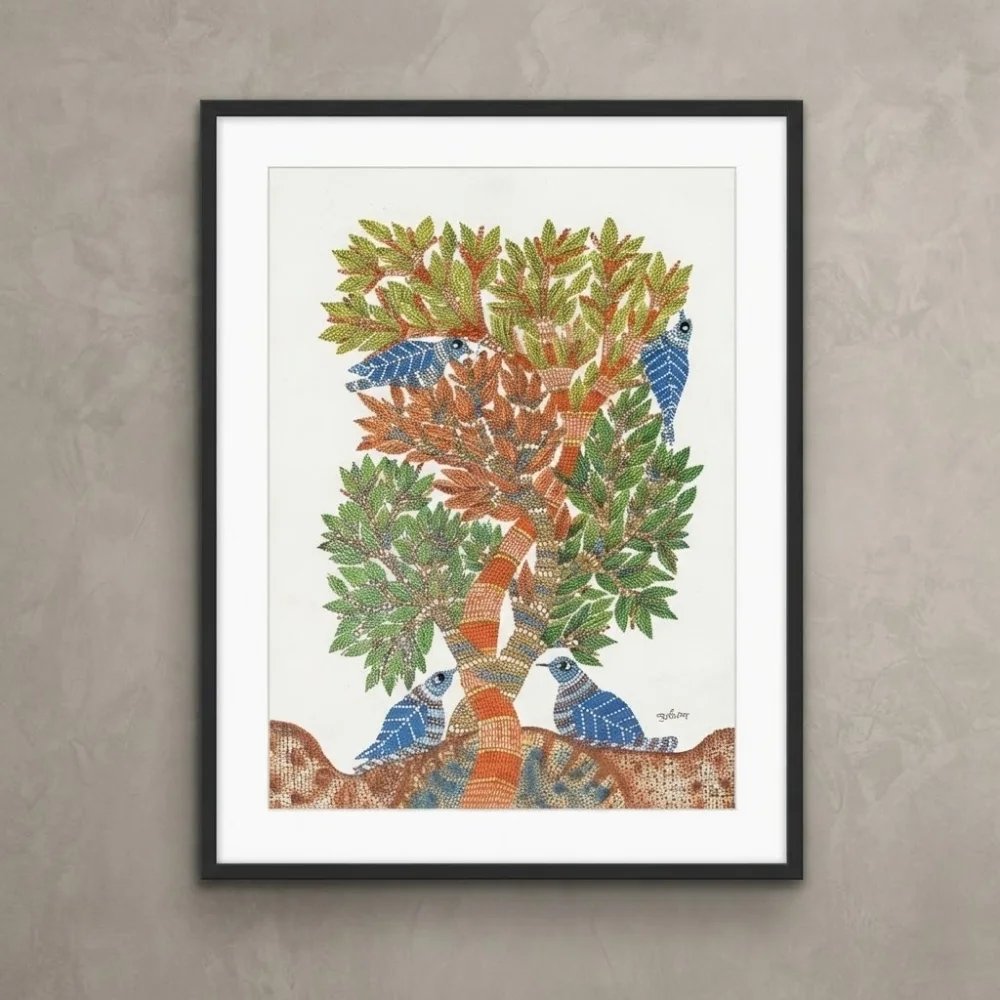 Original Gond Tree of Life Painting – Handmade Indian Birds and Nature Folk Art Thumbnail 1