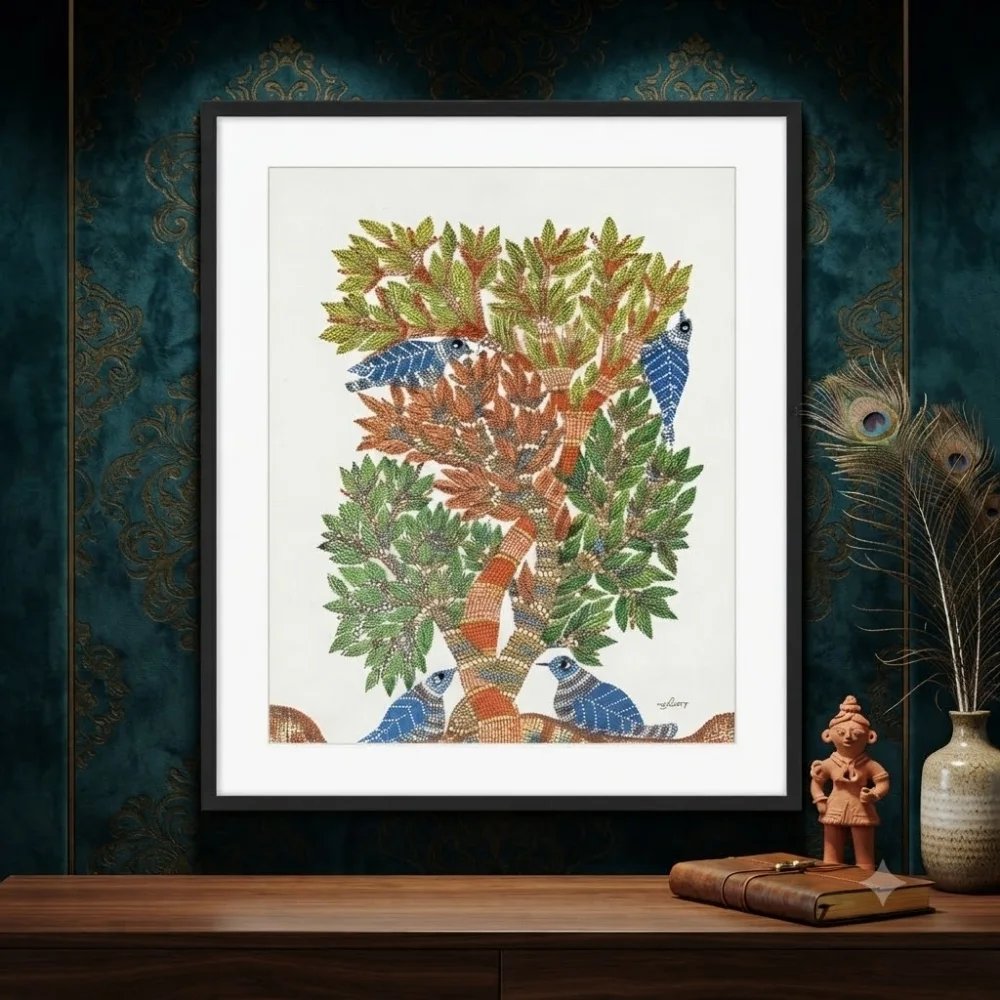Original Gond Tree of Life Painting – Handmade Indian Birds and Nature Folk Art Thumbnail 2