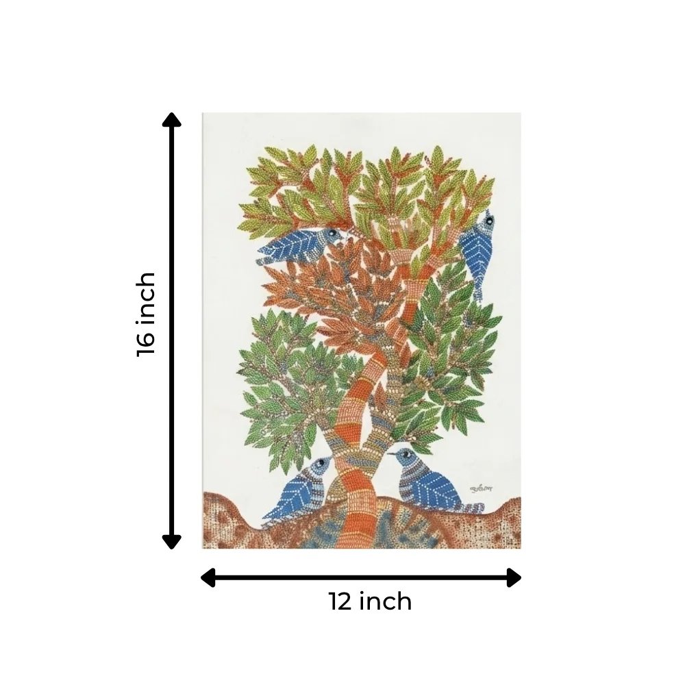 Original Gond Tree of Life Painting – Handmade Indian Birds and Nature Folk Art Thumbnail 3