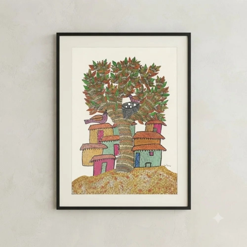 Original Gond Village Life Painting – Traditional Tree of Life and Tribal Homes Folk Art
