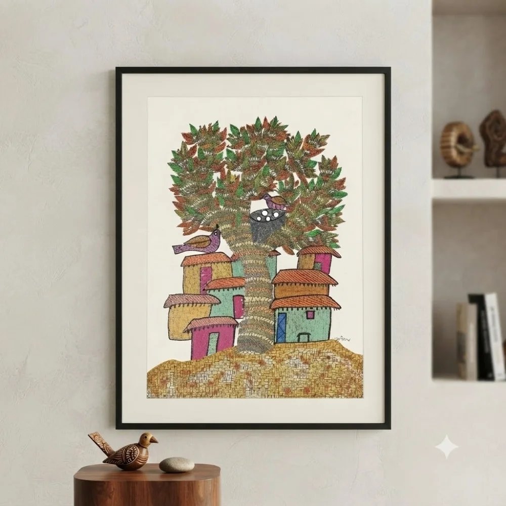 Original Gond Village Life Painting – Traditional Tree of Life and Tribal Homes Folk Art Thumbnail 2