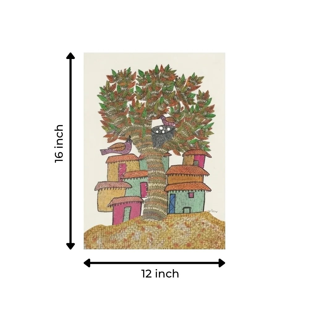 Original Gond Village Life Painting – Traditional Tree of Life and Tribal Homes Folk Art Thumbnail 3