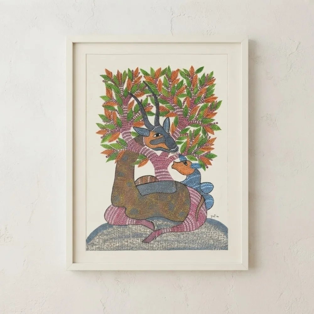 Original Gond Art Mother and Fawn Deer Painting – Handmade Indian Tribal Folk Art Thumbnail 1
