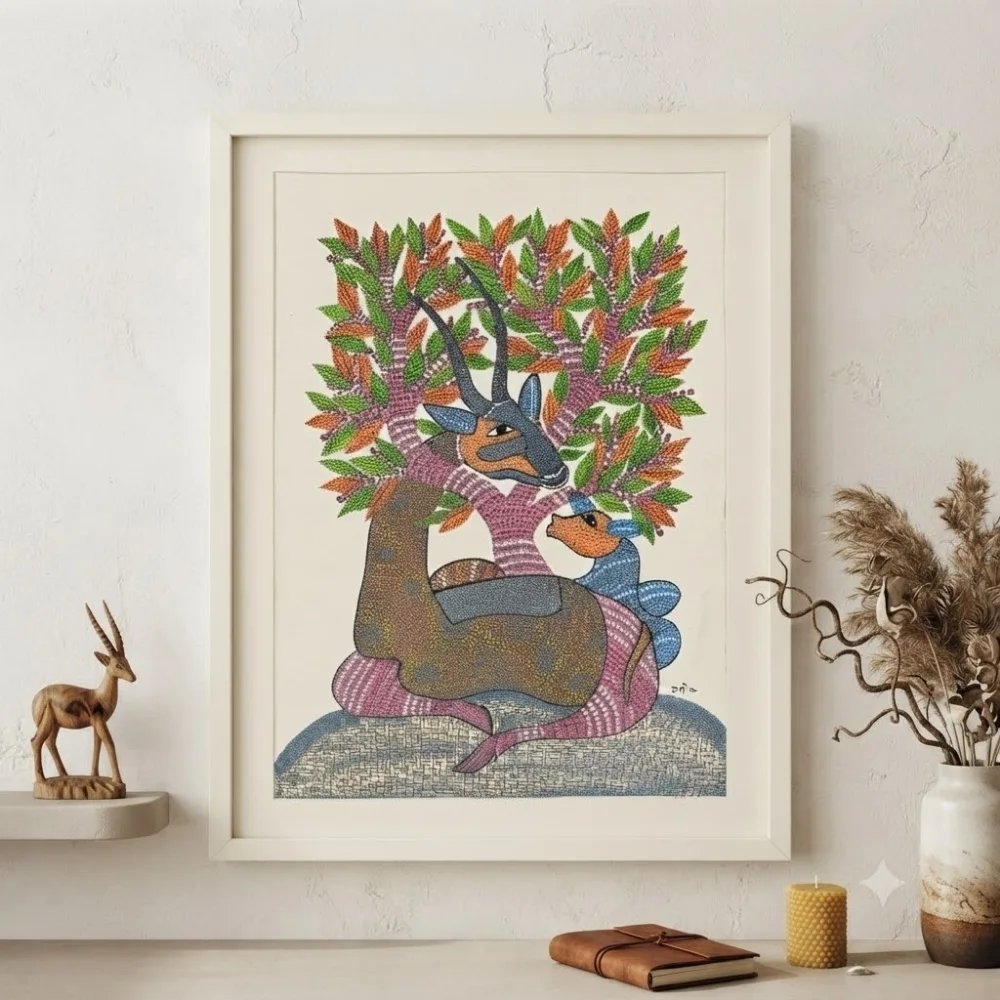 Original Gond Art Mother and Fawn Deer Painting – Handmade Indian Tribal Folk Art Thumbnail 2
