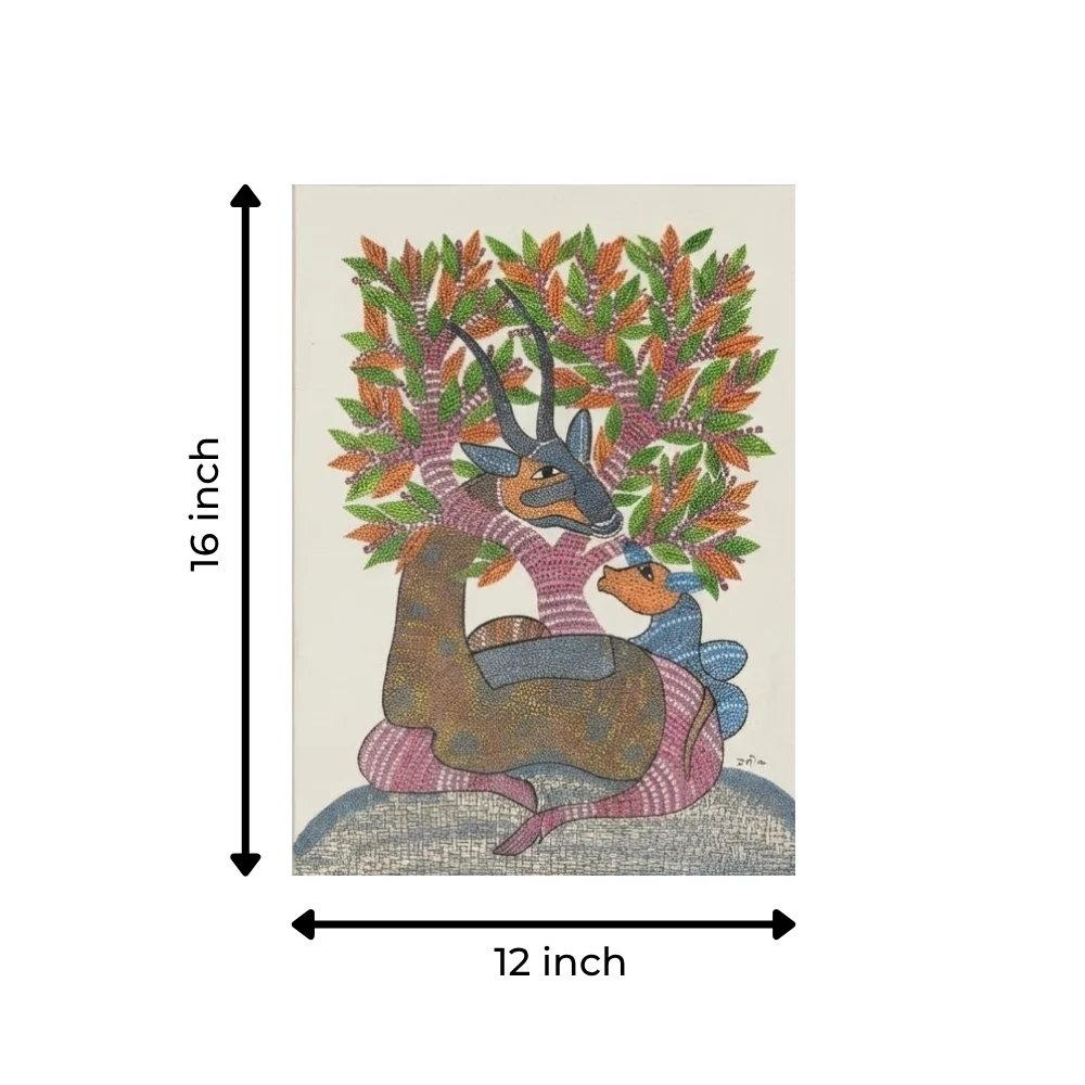 Original Gond Art Mother and Fawn Deer Painting – Handmade Indian Tribal Folk Art Thumbnail 3