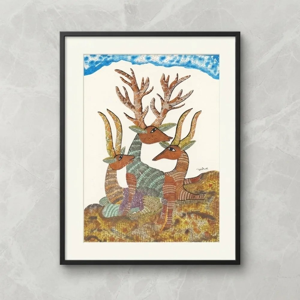 Original Gond Barasingha Painting – Handmade Indian Tribal Art Stag & Deer Wall Decor