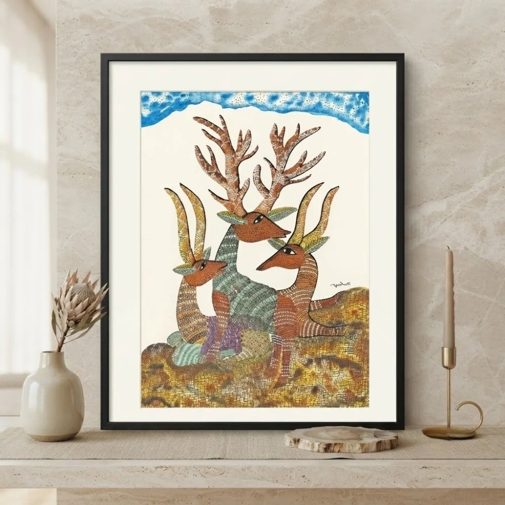 Original Gond Barasingha Painting – Handmade Indian Tribal Art Stag & Deer Wall Decor Thumbnail 2