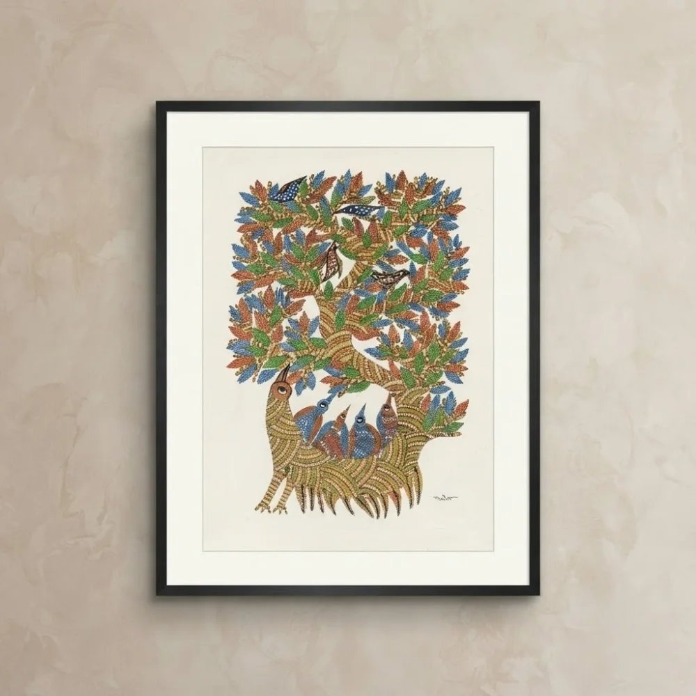 Original Gond Mythical Bird Tree Painting – Handmade Indian Tribal Folk Art Wall Decor Thumbnail 1