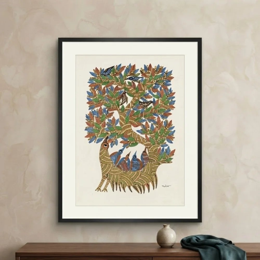 Original Gond Mythical Bird Tree Painting – Handmade Indian Tribal Folk Art Wall Decor Thumbnail 2