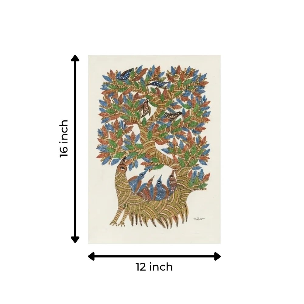 Original Gond Mythical Bird Tree Painting – Handmade Indian Tribal Folk Art Wall Decor Thumbnail 3