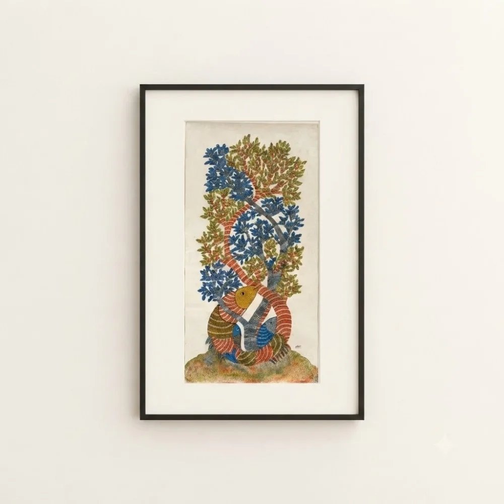 Original Gond Marine Life and Tree Painting – Handmade Vertical Indian Folk Art Canvas