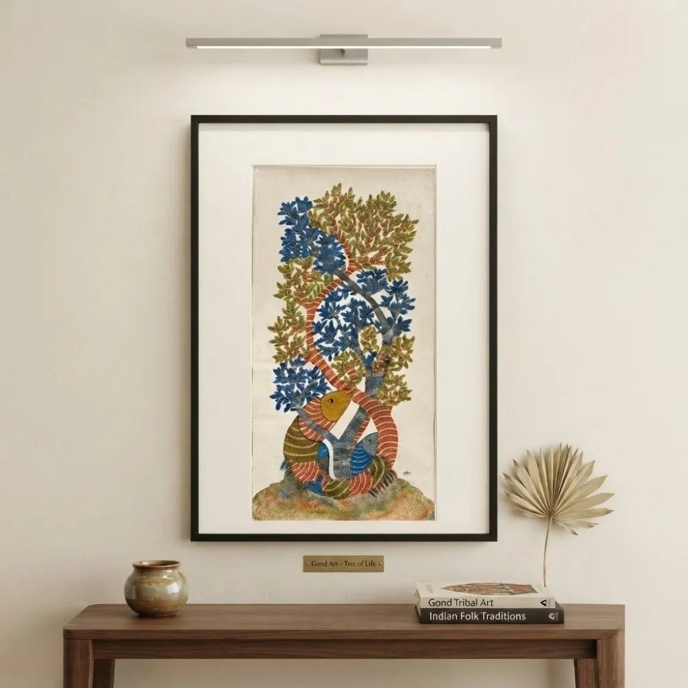 Original Gond Marine Life and Tree Painting – Handmade Vertical Indian Folk Art Canvas Thumbnail 2