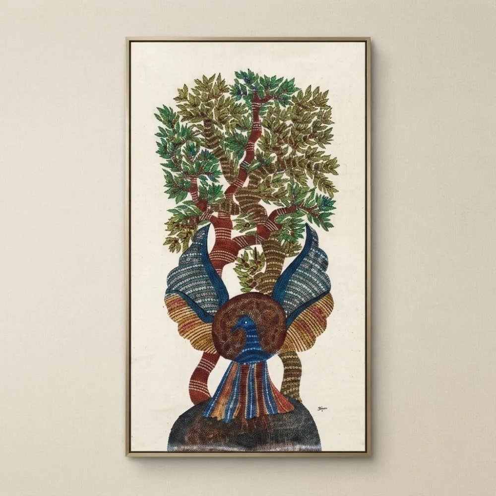 Authentic Hand-Painted "Peacock and Tree of Life" Gond Tribal Art