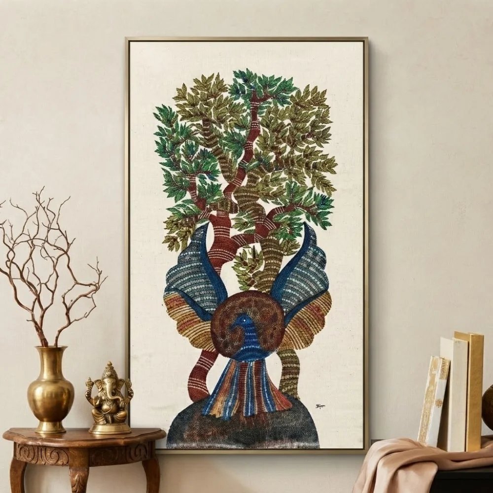Authentic Hand-Painted "Peacock and Tree of Life" Gond Tribal Art Thumbnail 2