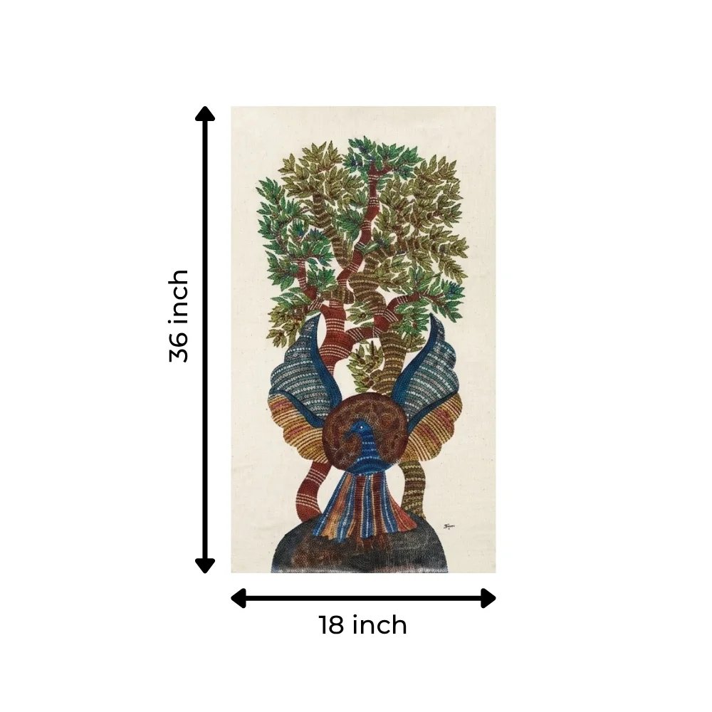 Authentic Hand-Painted "Peacock and Tree of Life" Gond Tribal Art Thumbnail 3