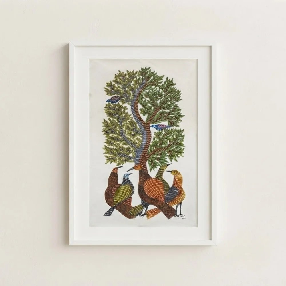Authentic Gond Art Painting - Tree of Life with Mystical Birds Thumbnail 1