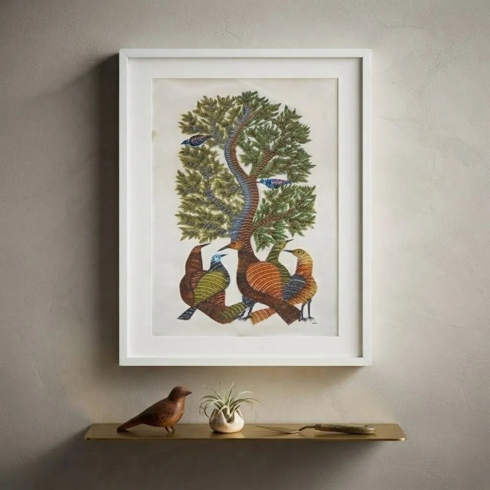 Authentic Gond Art Painting - Tree of Life with Mystical Birds Thumbnail 2