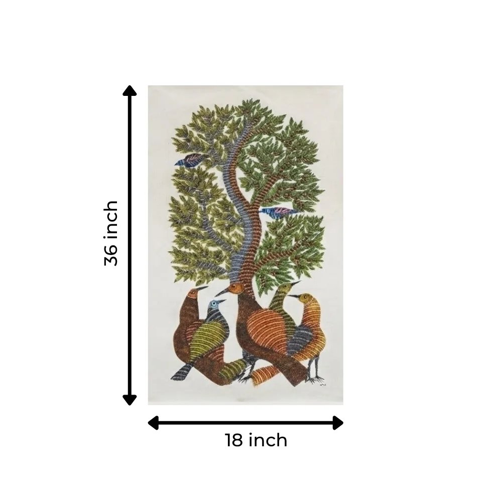 Authentic Gond Art Painting - Tree of Life with Mystical Birds Thumbnail 3