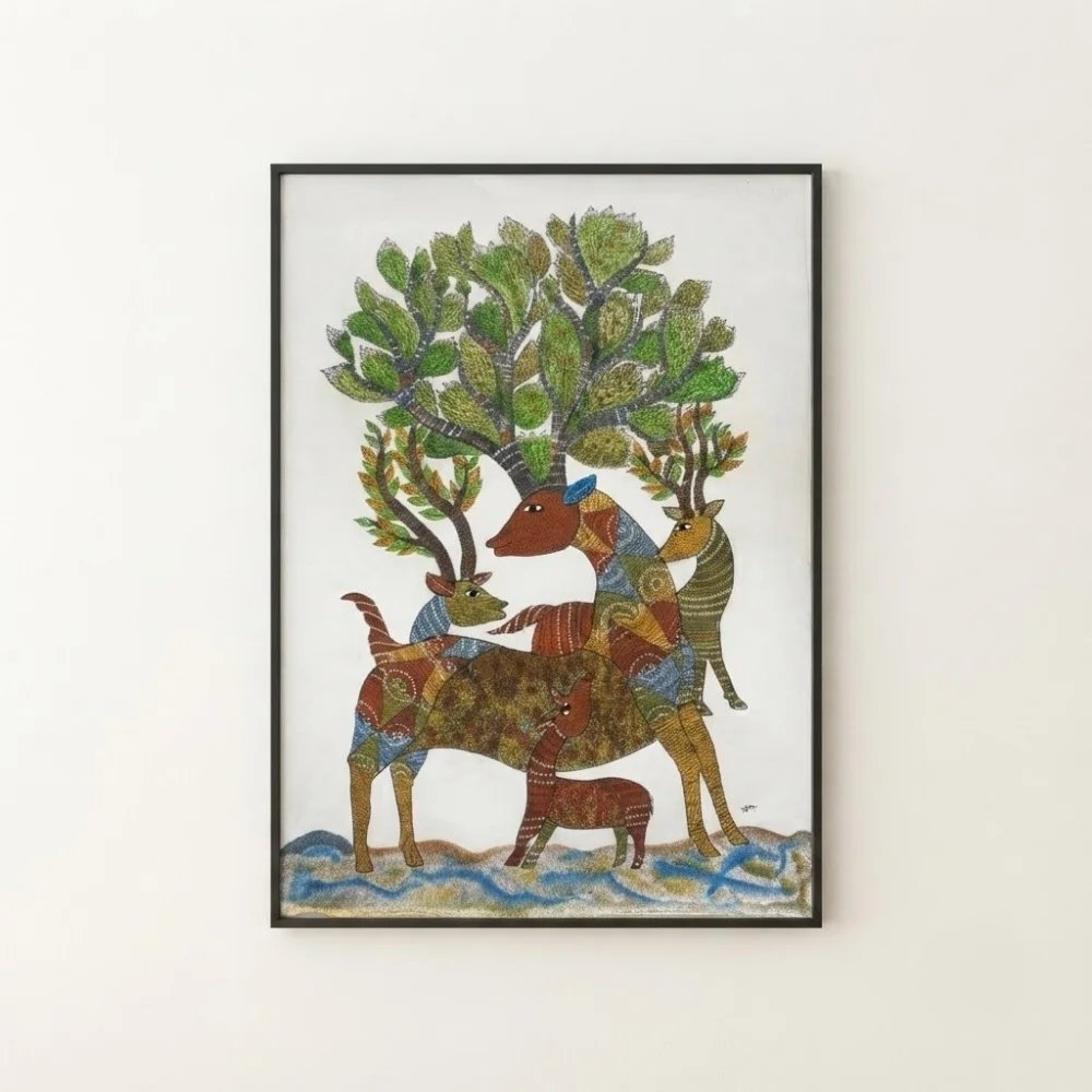 Handpainted Gond Art Painting - The Mystical Stag and Forest Family