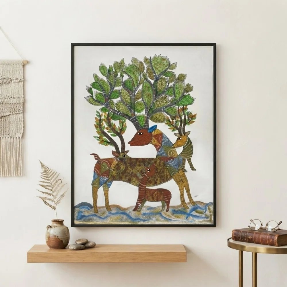 Handpainted Gond Art Painting - The Mystical Stag and Forest Family alternate view
