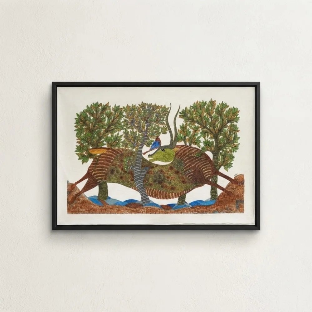 Gond Tribal Painting – The Majestic Horned Bull & Golden Oriole Thumbnail 1
