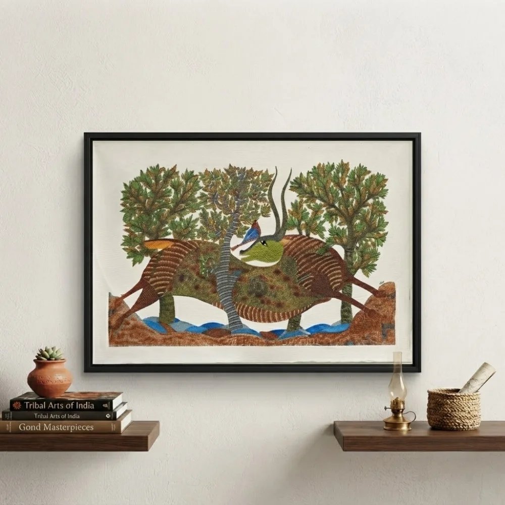 Gond Tribal Painting – The Majestic Horned Bull & Golden Oriole Thumbnail 2