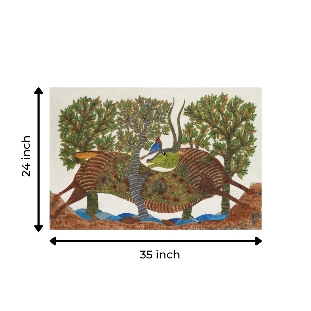 Gond Tribal Painting – The Majestic Horned Bull & Golden Oriole Thumbnail 3