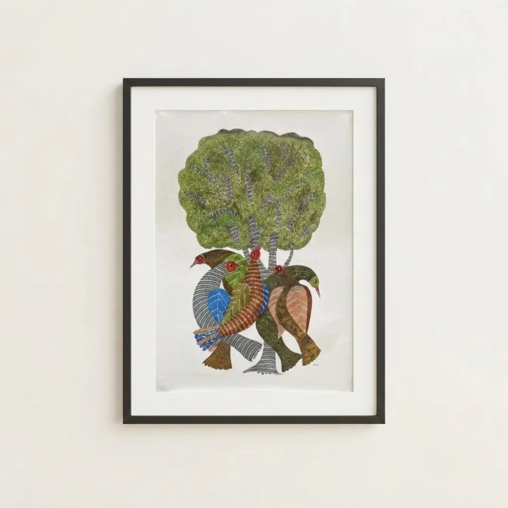 Gond Tribal Painting – The Sacred Tree and Guardian Birds Thumbnail 1