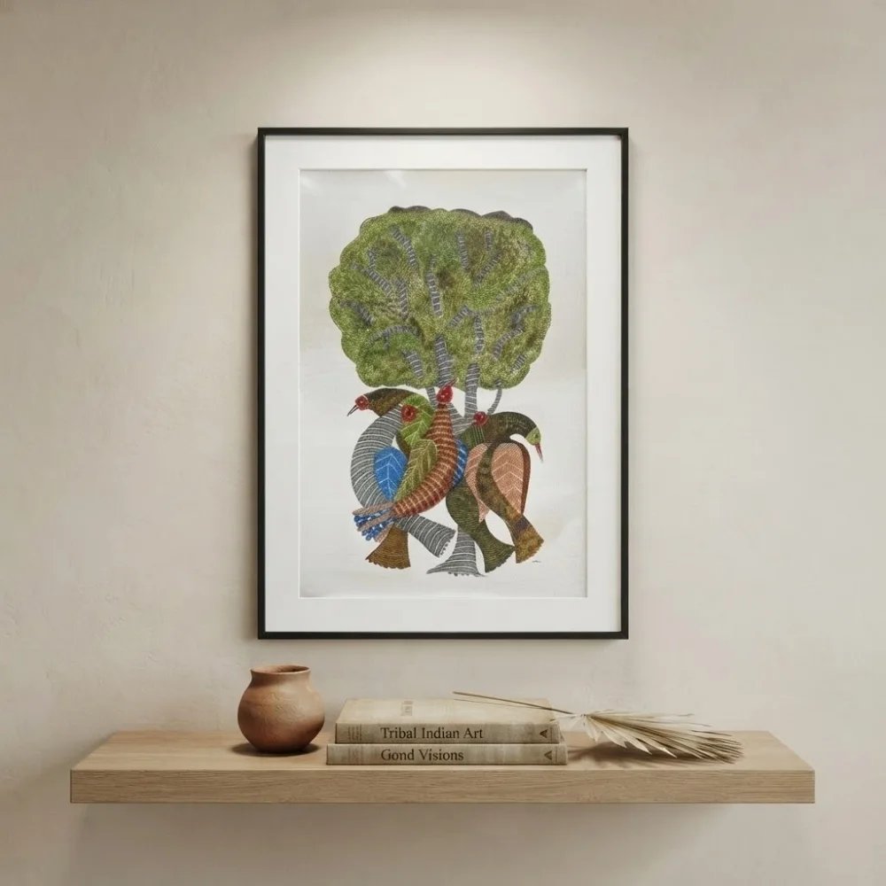 Gond Tribal Painting – The Sacred Tree and Guardian Birds Thumbnail 2