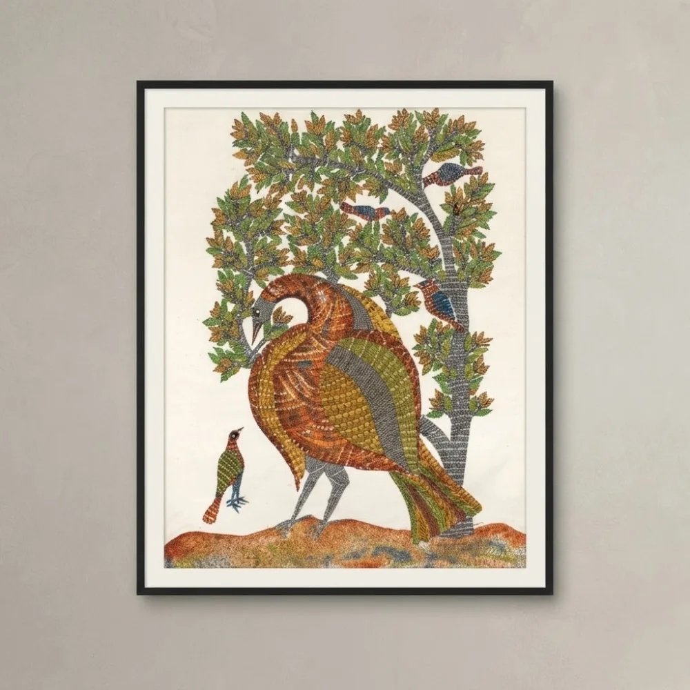 Authentic Hand-Painted Gond Tribal Painting – The Mother Bird & Forest Canopy Canvas Art Thumbnail 1