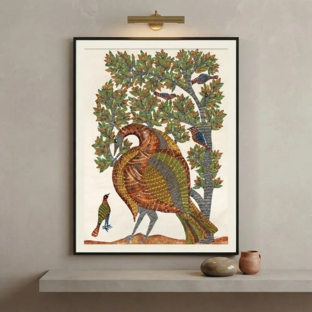 Authentic Hand-Painted Gond Tribal Painting – The Mother Bird & Forest Canopy Canvas Art Thumbnail 2