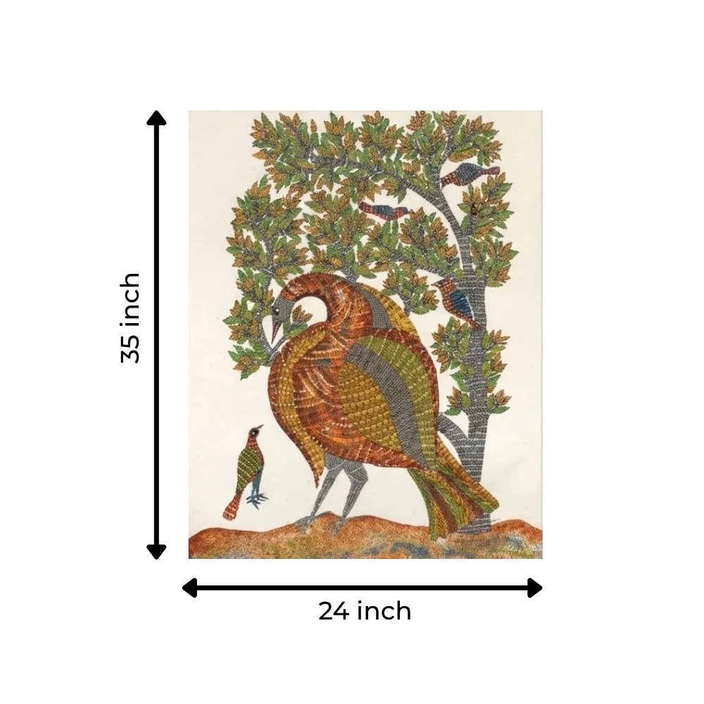 Authentic Hand-Painted Gond Tribal Painting – The Mother Bird & Forest Canopy Canvas Art Thumbnail 3